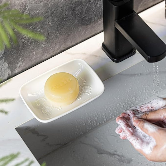 Gomakren Soap Dish for Shower, Christmas Ceramic Soap Dishes for Bar Soap Sponge, Shower Soap Holder Saver Tray for Bathroom Kitchen Sink, Easy to Clean, White