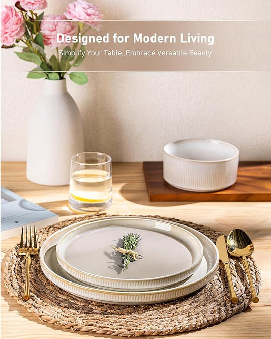 GBHOME Stoneware Dinnerware Sets for 4,Round Reactive Glaze Ceramic Plates and Bowls Set,Highly Scratch Resistant | Dishwasher & Microwave Safe Dishes Set,Service for 4(12Pcs),Vanilla White