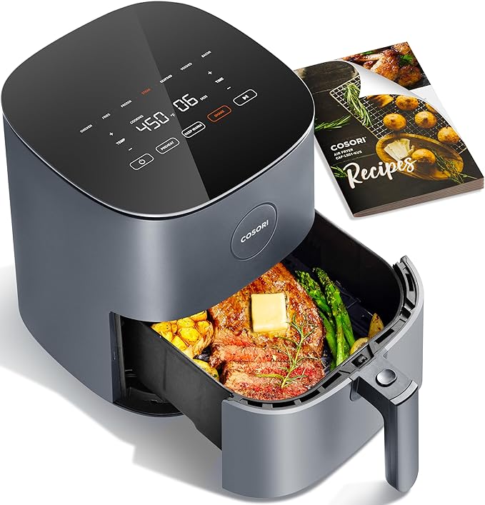 COSORI Air Fryer Pro 9-in-1, Compact 5QT, 450โ: Half Time & Chef-Grade Cook, One-Wipe Clean Glass Panel, 130+ In-App Recipes with Nutritional Info, Nonstick & Dishwasher-Safe Basket, Ceramic, Gray