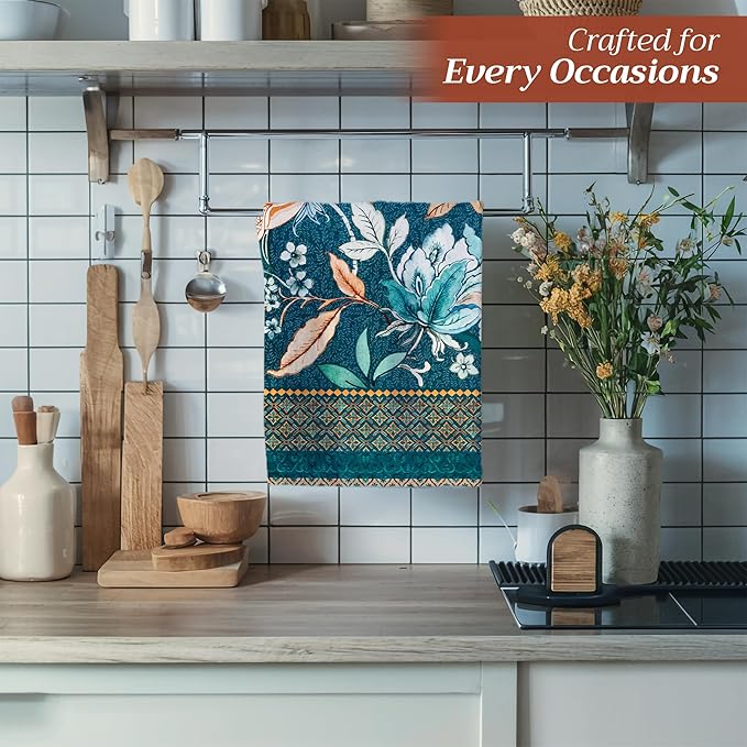 Maison d' Hermine Kitchen Towels Set of 3 100% Cotton 20" x 27.5" Reusable Cloth Tea Dish Towels Absorbent with Hanging Loop for Kitchen Thanksgiving Christmas Decorations (Luxury Loft - Dark Teal)