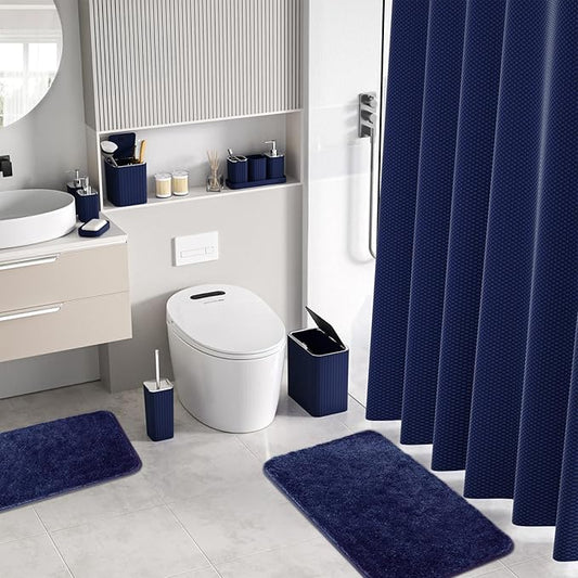 Bathroom Accessory Set - Bathroom Set, 27PC Bathroom Accessories Set, Navy Blue Bathroom Sets with Shower Curtain and Rugs, Mini Trash Can, Toilet Brush, Trash Can & Soap Dispenser
