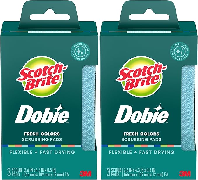 Scotch-Brite Dobie Non-Scratch All-Purpose Scrub Pads, 6 Total Pads (2 Packs of 3), Reusable Scouring Sponges for Kitchen & Bathroom, Safe on Non-Stick Cookware, Assorted Colors