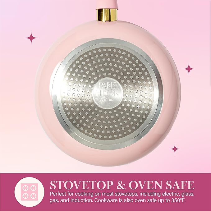 Paris Hilton Epic Nonstick Pots and Pans Set, Multi-layer Nonstick Coating, Tempered Glass Lids, Soft Touch, Stay Cool Handles, Made without PFOA, Dishwasher Safe Cookware Set, 12-Piece, Pink