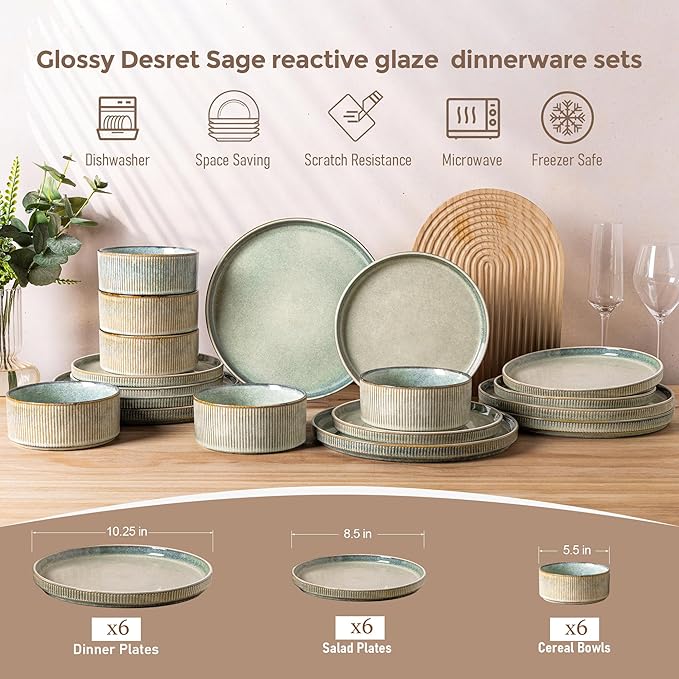 GBHOME Stoneware Dinnerware Sets for 6,Round Reactive Glaze Ceramic Plates and Bowls Set,Highly Scratch Resistant | Dishwasher & Microwave Safe Dishes Set,Service for 6(18Pcs),Desert Sage