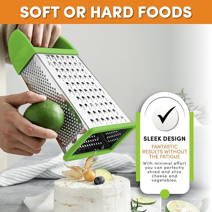 Spring Chef Professional Green 10" Stainless Steel Parmesan Cheese Grater with Handle, 4 Sided Handheld Box Grater, Kitchen Carrot Shredder for Potato, Cheese, Ginger, Vegetables