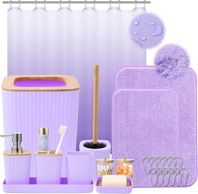 24PCS Bathroom Sets with Shower Curtain and Rugs, Purple Bathroom Accessories Set with Trash Can, Soap Dispenser, Toothbrush Holder and Cup, Purple Bathroom Set for Home Decor