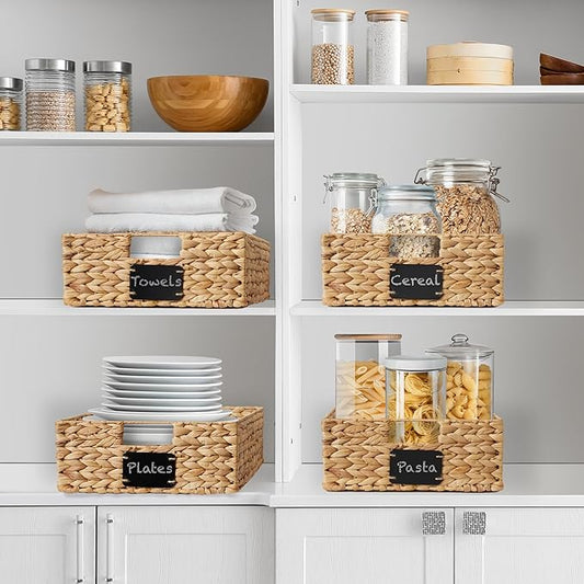 Casafield Set of 4 Water Hyacinth Pantry Baskets, 12-1/2" x 17" x 5", with Chalkboard Labels and Chalk Marker - Natural, Woven Storage Bin Organizers for Kitchen Shelves