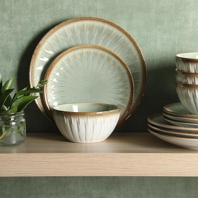 Gibson Elite Trescott Way 12-Piece Reactive Glaze Stoneware Dinnerware Set – Green Plates and Bowls