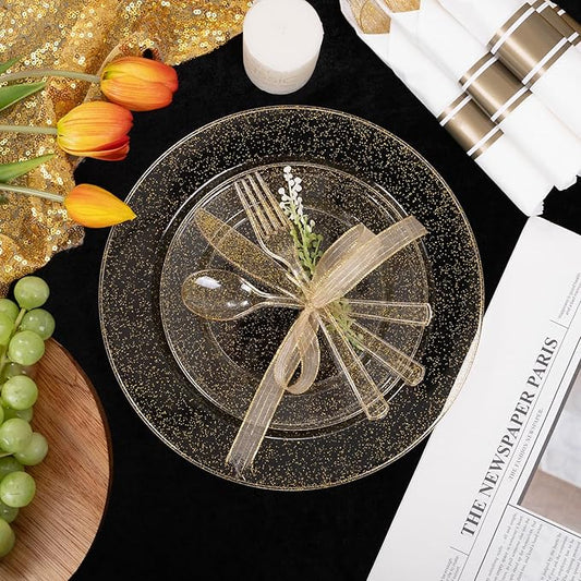 DaYammi 210PCS Gold Glitter Plastic Dinnerware Set for 30 Guests, Fancy Disposable Plates for Party, Include: 30 Dinner Plates, 30 Dessert Plates, 30 Pre Rolled Napkins with Gold Silverware, 30 Cups