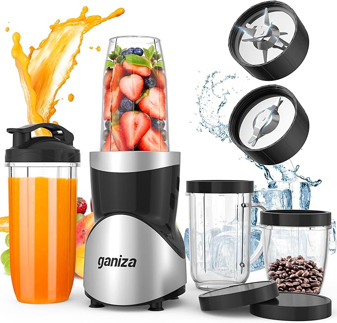 Ganiza Smoothie Blender, 900W Blenders for Shakes and Smoothies, 15-Piece Personal Blender and Grinder Combo for Kitchen, Smoothies Maker with 4 BPA-Free Portable Cup, Nutritious Recipe
