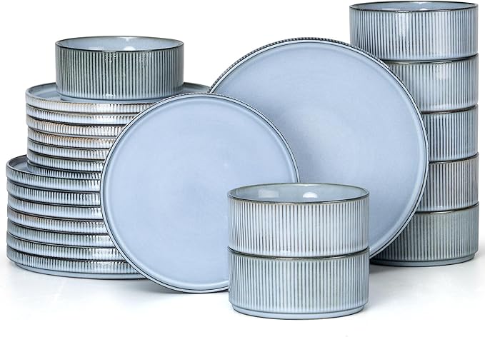 E-far 24-Piece Stoneware Dinnerware Sets, Plates and Bowls Sets for 8, Kitchen Modern Dinning Porcelain Dishes Set, Chip & Scratch Resistant, Dishwasher & Microwave Safe, Dusty Blue