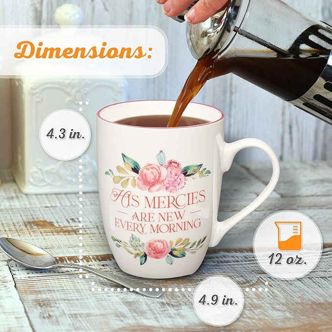 Christian Art Gifts Inspirational Ceramic Coffee & Tea Mug for Women: Mercies are New Every Morning Encouraging Bible Verse, Microwave & Dishwasher Safe Novelty Drinkware, White & Pink Floral 12 oz.