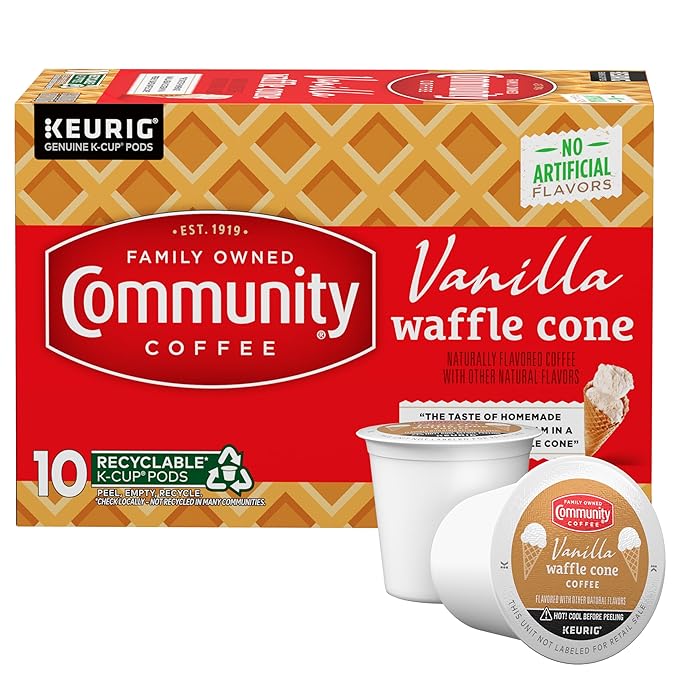 Community Coffee Vanilla Waffle Cone Ice Cream Flavored, 10 Count Coffee Pods, Compatible with Keurig 2.0 K-cup Brewers, 10 Count (Pack of 1)
