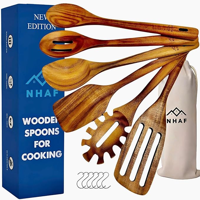 Wooden Utensils for Cooking, Premium Teak Healthy Spoons, Wooden Spoons for Cooking, Durable Eco-Friendly and Safe Teak Cooking Spoon, Cooking Gifts for Mom (set of 6) and Hooks