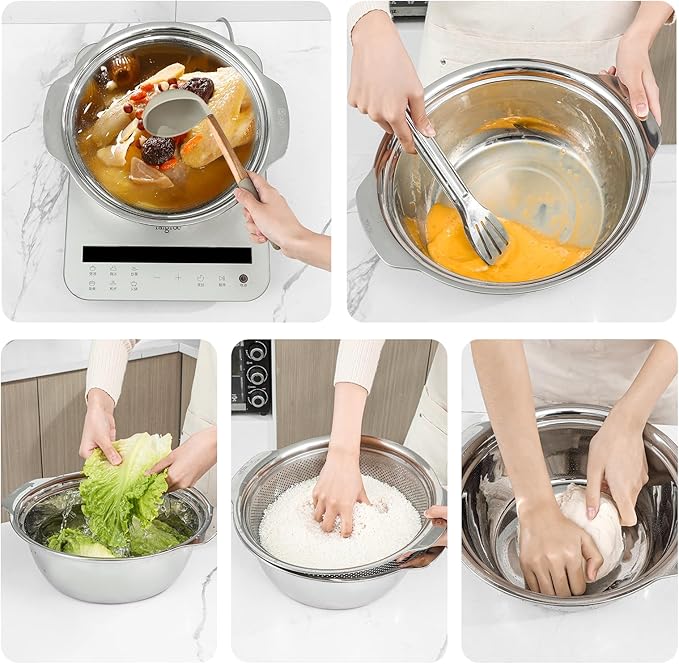 304 Stainless Steel Microporous Colander with Handle, Rice Washers Microporous Strainer Set For washing vegetables, fruits and rice, and draining cooked pasta(2QT with handle-Gold)