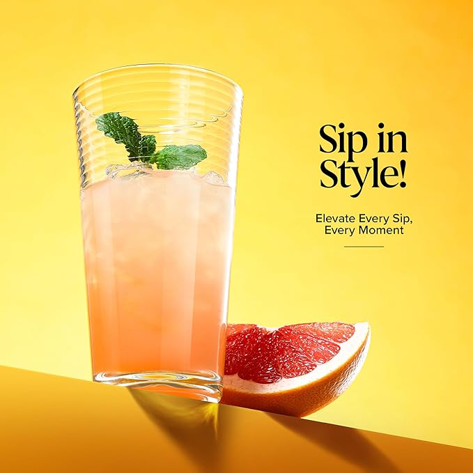Glaver's Drinking Glasses Set of 10 Highball Glass Cups, Premium Quality 17 Oz. Coolers, Ribbed Glassware. Ideal for Water, Juice, Cocktails, and Iced Tea. Dishwasher Safe.