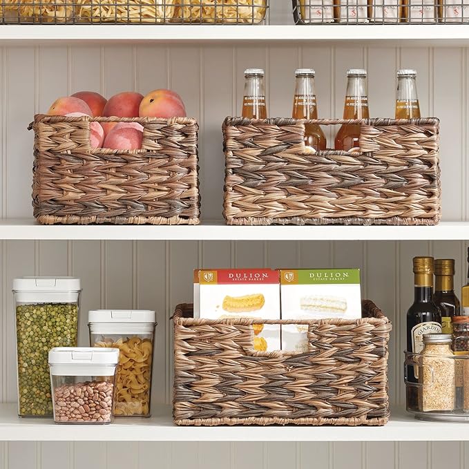 mDesign Woven Farmhouse Kitchen Pantry Food Storage Organizer Basket Bin Box - Container Organization for Cabinets, Cupboards, Shelves, Countertops - Store Potatoes, Onions, Fruit, 3 Pack, Brown Ombre
