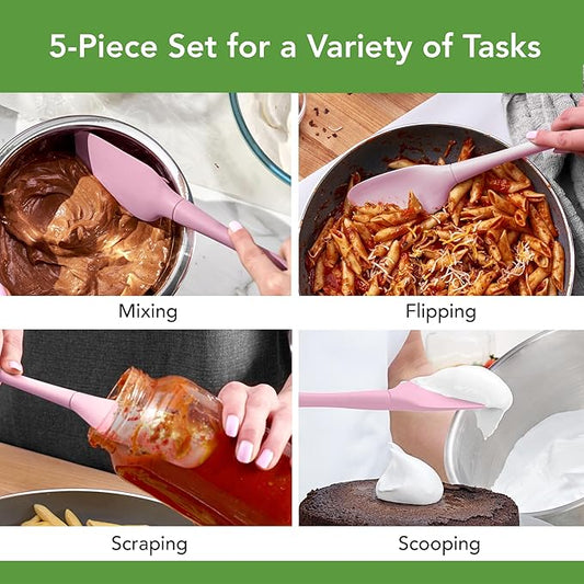Tovolo Flex Core Spatula All Silicone Spatula Set High Heat Resistant Set of 5 Cooking Utensils Set Includes Spatula Spoonula Jar Scraper and Mini Dishwasher Safe Non Stick Cookware, Pink Sorbet