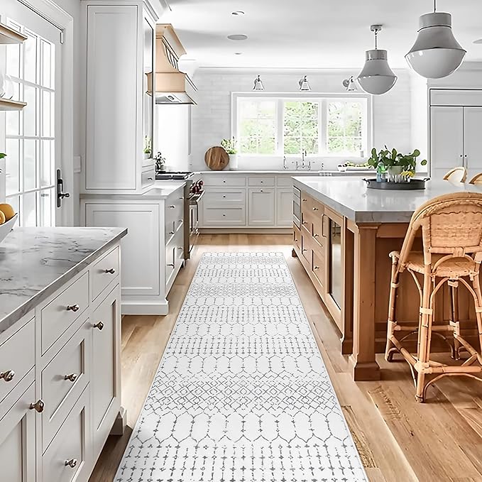 Lahome Moroccan Kitchen Runner Rug - 2x8 Non-Slip Washable Hallway Rug Runner Ultra-Thin Soft Throw Bathroom White Print Distressed Carpet for Entryway Laundry Room Living Room