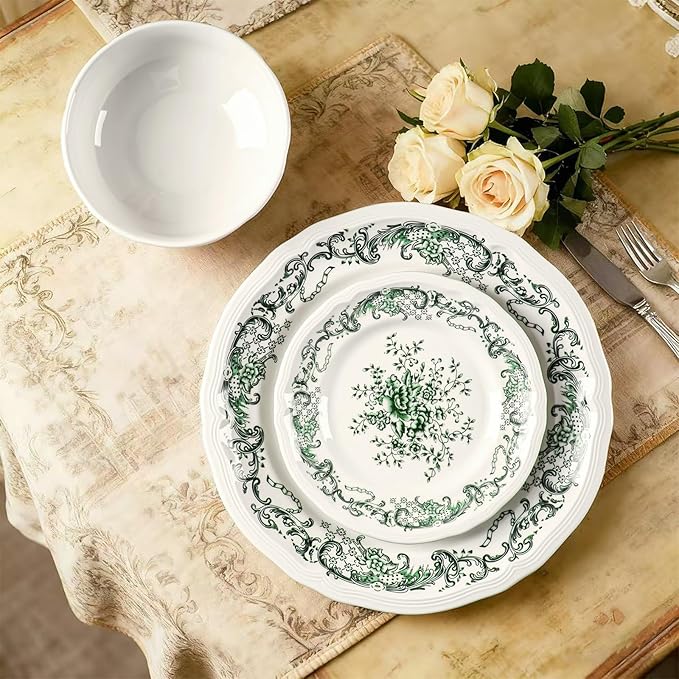Ceramic Dinnerware Set 12Piece Ornate Edge Dish Set for 4 Vintage Green Floral Elegant ChipResistant Kitchen Plates Bowls for Daily Use & Party Microwave & Dishwasher Safe(Green)