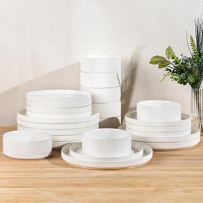 TheTerra Ceramic Dinnerware Sets for 8, 24 Pieces Porcelain Lightweight Plates and Bowls Sets, Scratch Resistant Dish Set, Oven & Microwave & Dishwasher Safe, Bright White