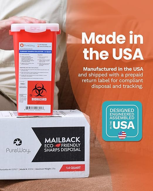 1.4 Quart MailBack Sharps Disposal Container – Secure Needle Box for Safe Medical Waste & Used Syringe Disposal | Sharps Container for Home Use, Travel, Clinics, and Professional Settings
