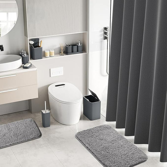 Bathroom Accessory Set - Bathroom Set, 27PC Bathroom Accessories Set, Grey Bathroom Sets with Shower Curtain and Rugs, Mini Trash Can, Toilet Brush, Trash Can & Soap Dispenser
