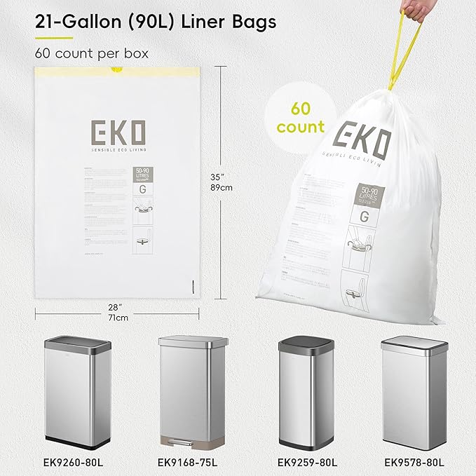 EKO 21 Gallon / 50-90 Liter, 60 Count Drawstring Trash Bags, Extra-Strong Garbage Bags, Lavender Scent with Continuous Odor Control, Easy-Dispense Roll for Kitchen and Household Use, Code G, White