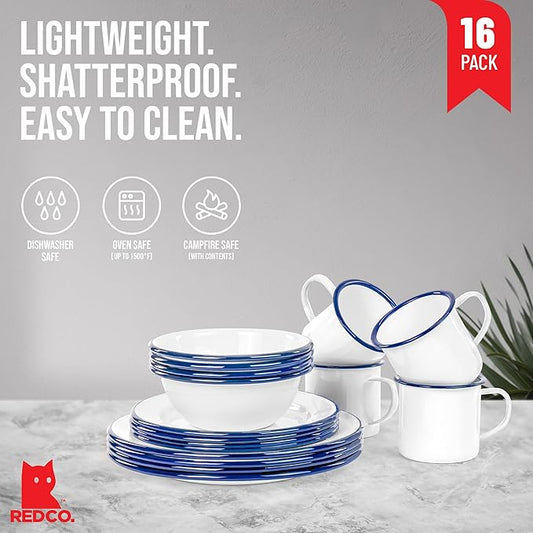 Red Co. 16-Piece Enamelware Metal Dinnerware Set for 4, Solid White/Navy Blue Rim