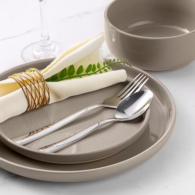 LIANYU Dinnerware Dishes Sets for 8, 24-Piece Stoneware Dinner Set, Ceramic Dining Bowls and Plates Crafted at 2400℉, Scratch Resistant, Microwave & Dishwasher Safe, Milky Brown