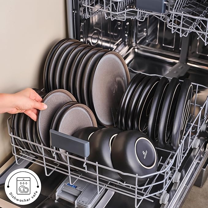Karaca Mercure 59 Piece Stoneware Plates and Bowls Set, Reactive Glaze Black Dinner Set, Complete Kitchen Tableware Collection, Ideal Dinnerware for 12 People Dining Experience, Dishwasher Safe
