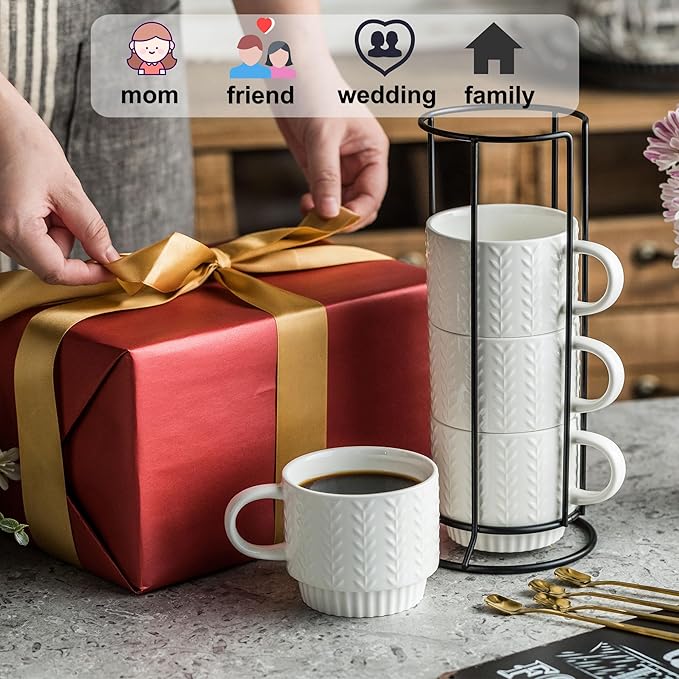 Stackable Coffee Mugs, Coffee Mug Set of 4 with Spoons & Stand, 13oz Espresso Cups for Drinks Latte Cappuccino Tea, Coffee Cup for Housewarming Birthday Gift, Dishwasher Safe, White