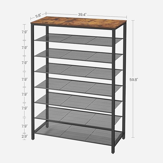 VASAGLE 8 Tier Shoe Rack, Shoe Organizer for Closet, Entryway, 32-40 Pairs of Shoes, Large Shoe Rack Organizer with 7 Metal Mesh Shelves, 11.8 x 39.4 x 59.8 Inches, Rustic Brown and Black ULBS012B01