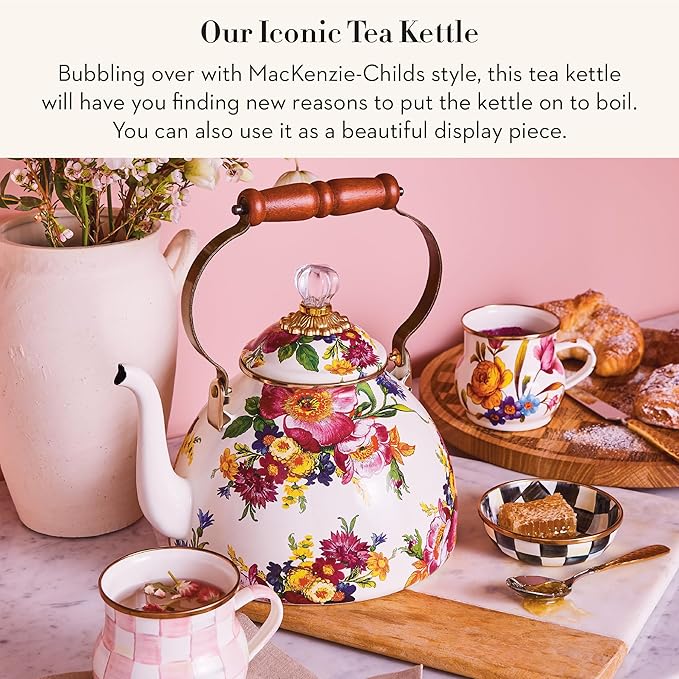 MACKENZIE-CHILDS Enamel Tea Kettle, Stylish Tea Kettle for Stovetop, White Flower Market, 2 Quarts