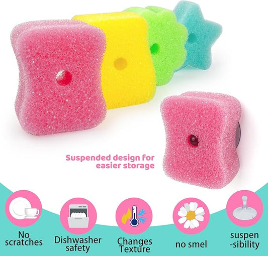 4 Pack Kickleen Scrub Color Sponge with Suction Hanger,Non-Scratch, Multipurpose Dish Cleaning Temperature Controlled Sponge for Kitchen, Bathroom (Mix Color)