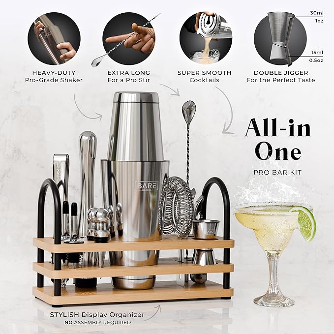 BARE BARREL® Mixology Bartender Kit Bar Set | 14-Piece Cocktail Shaker Set | Martini Barware Mixing Tools for Home Bartending | 35 Recipe Cards | Gift Set (28oz Boston Shaker, Silver/Natural)