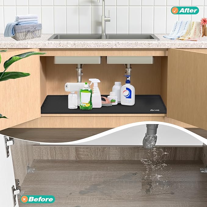 Waterproof Under Sink Mat 22" x 19", Silicone Cabinet Liner, Rubber Protector for Kitchen and Bathroom, Keeps Cabinets Clean, Dry, and Organized (Black)
