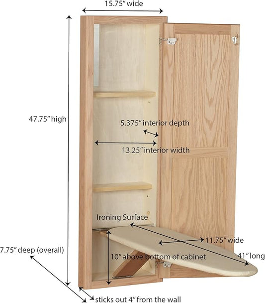 Household Essentials Ironing Board Cabinet, In-Wall Recessed Ironing Board Cabinet with Storage Shelves, Unfinished Wood, Oak