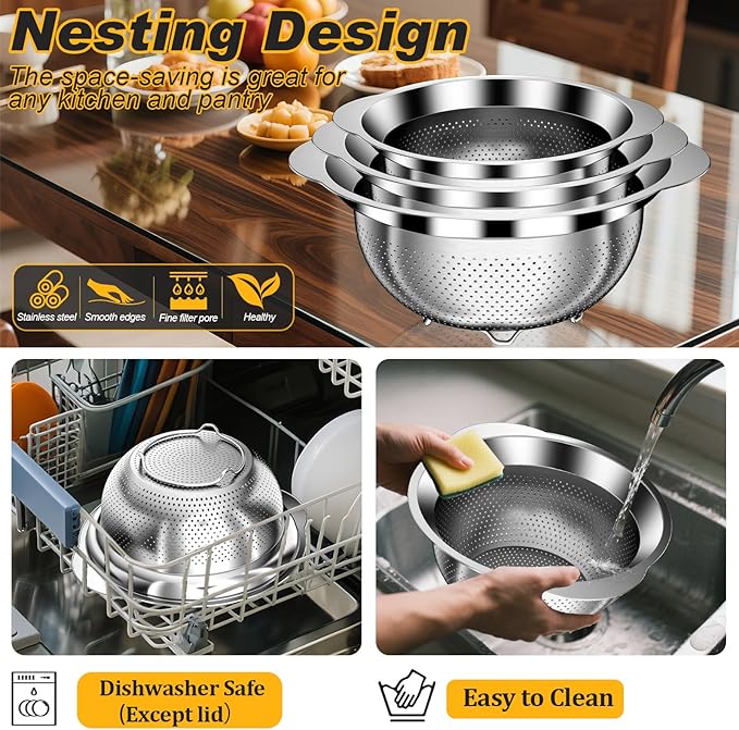 Colander, Stainless Steel Colander for Kitchen, 3Pcs Kitchen Gadget Food Strainer Basket with Handle, Kitchen Strainer Colanders Bowl for Pasta Noodles Spaghetti Vegetables Fruit (2QT, 3QT, 5QT)