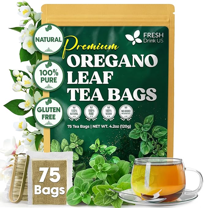 FreshDrinkUS, Oregano Leaf Tea | 75 Tea Bags β Pure Herbal Infusion from Origanum vulgare - Naturally Bold & Aromatic Flavor - Premium Quality, Sustainably Sourced. Vegan