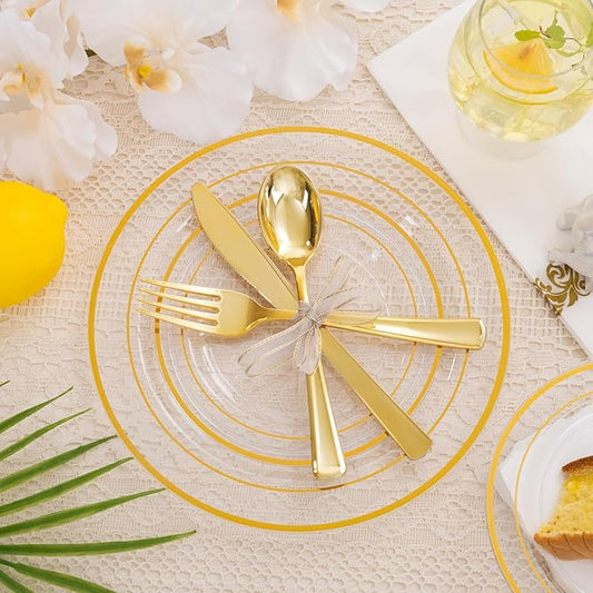 700 Pieces Gold Dinnerware Set - 100 Guests Clear Disposable Dinnerware Set for Party, Wedding, Include: 200 Clear Plates with Gold Trim, 100 Cups, 100 Napkins, 100 Plastic Silverware Sets
