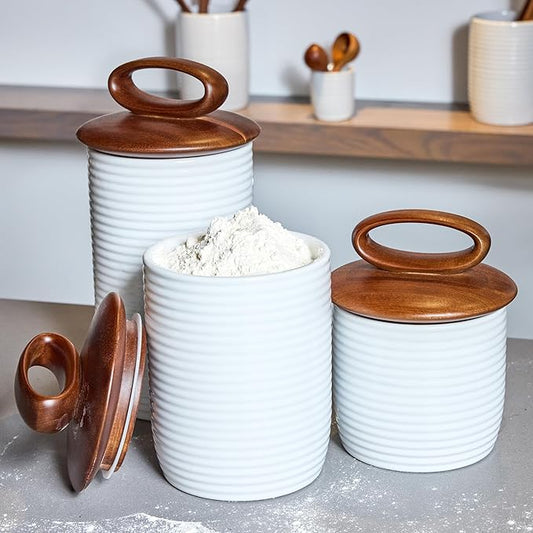Nambe x Tom Papa Breaking Bread Canister 12" x 6" - Contemporary Stoneware Storage Jar with Acacia Wood Lid & Silicone Seal, Kitchen Countertop Storage for Bread, Coffee, Tea, Flour, Sugar (Large)