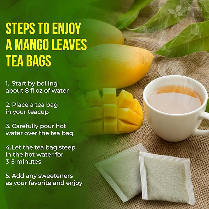 FreshDrinkUS, Premium 100 Mango Leaf Tea Bags, Hojas de Mango secas, 100% Natural & Pure, Loose Leaf Herbal Tea. Non GMO, No Sugar, No Caffeine, No Gluten, Vegan