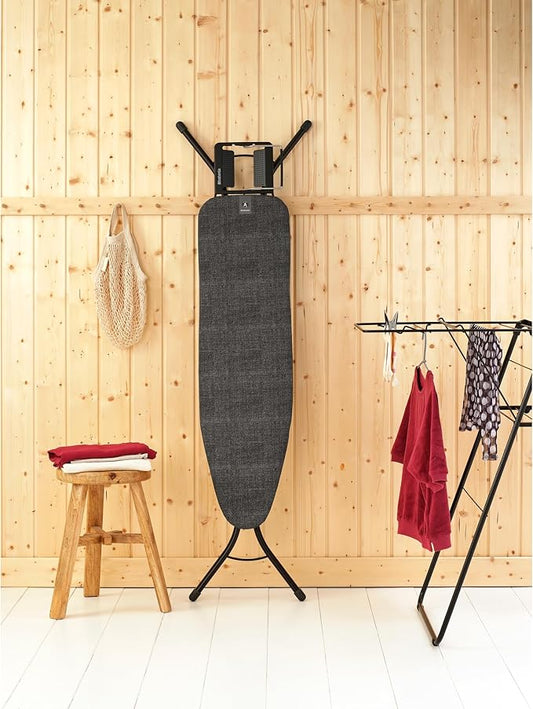 Brabantia Size A Compact Small Ironing Board (43x12 in) 7 Height Options, Adjustable Steam Iron Rest Holder (Denim Black) Non-Slip Feet, Anti-Collapse Child Locks