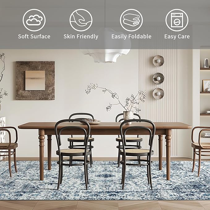 Easy-Going Area Rug 6x9 Washable Boho Rugs for Living Room Non-Slip Bedroom Rug Low Pile Lightweight Floral Print Vintage Throw Rug for Dining Room Kitchen Home Office Carpet, Blue Cream