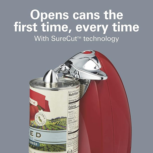 Hamilton Beach Electric Automatic Can Opener with Auto Shutoff, Knife Sharpener, Cord Storage, and SureCut Patented Technology, Extra-Tall, Red