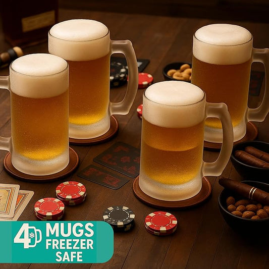 Beer Mugs for Freezer 8 Piece Set, 4 Heavy Beer Stein with Handle & 4 Plastic Shot Glasses Set for Men, 16 oz Mugs, Party Gift Set