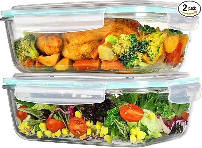 Vtopmart 2Pack 2260ml/ 76.4oz Large Glass Storage Containers with Lids, Meal Prep Food Container Set with Snap Airtight Lid for Baking, Microwave, Oven, Leak Proof, for Freezer, Dishwasher, Green