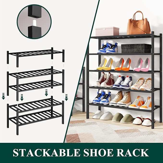 Smiry Shoe Rack, 6 Tier Bamboo Shoe Organizer, Stackable Free Standing Wooden Shoe Storage Shelf for Closet, Entryway, Front Door Entrance, Black