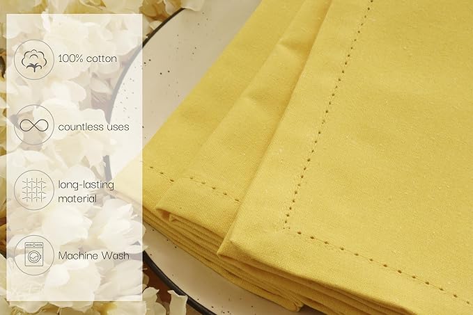 PurpleEssences Set of 6 Hemstitch Cloth Dinner Napkins 100% Cotton - Soft Durable Washable - Ideal for Wedding Christmas Holiday Winter - Perfect Everyday Use Table Linen 18x18 - Yellow